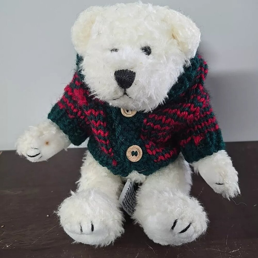 Chrisha Playful Plush Jointed White Teddy Bear 8" Red Green Sweater 80's Vintage